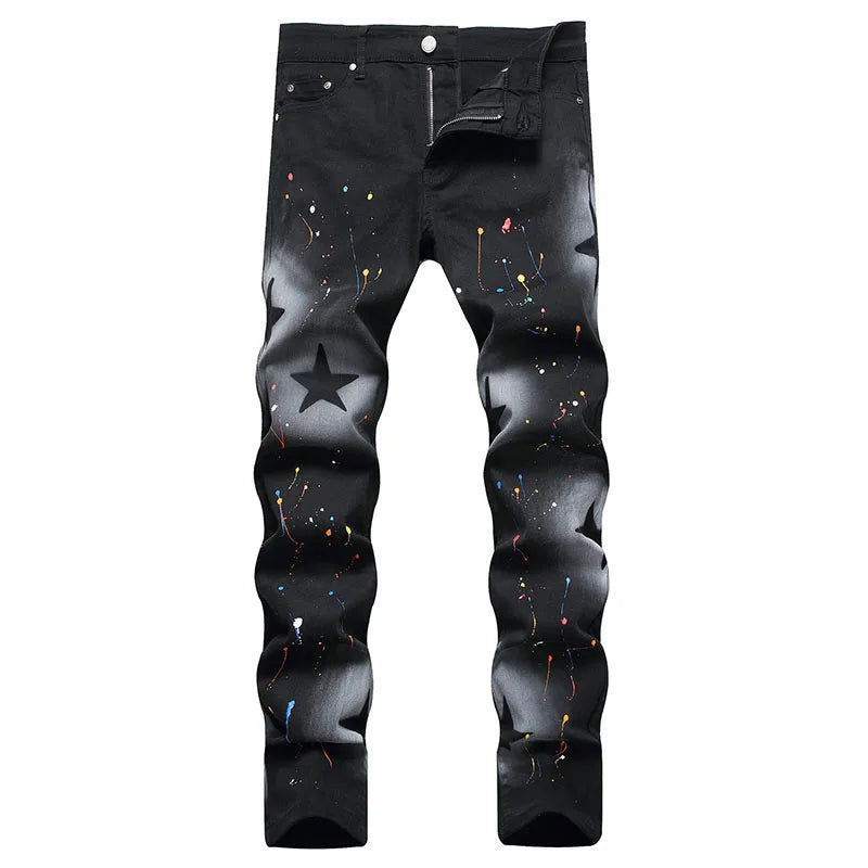 Nouveau Jeans noirs de mode pour hommes Peinture en aérosol Skinny Straight Jeans de haute qualité
