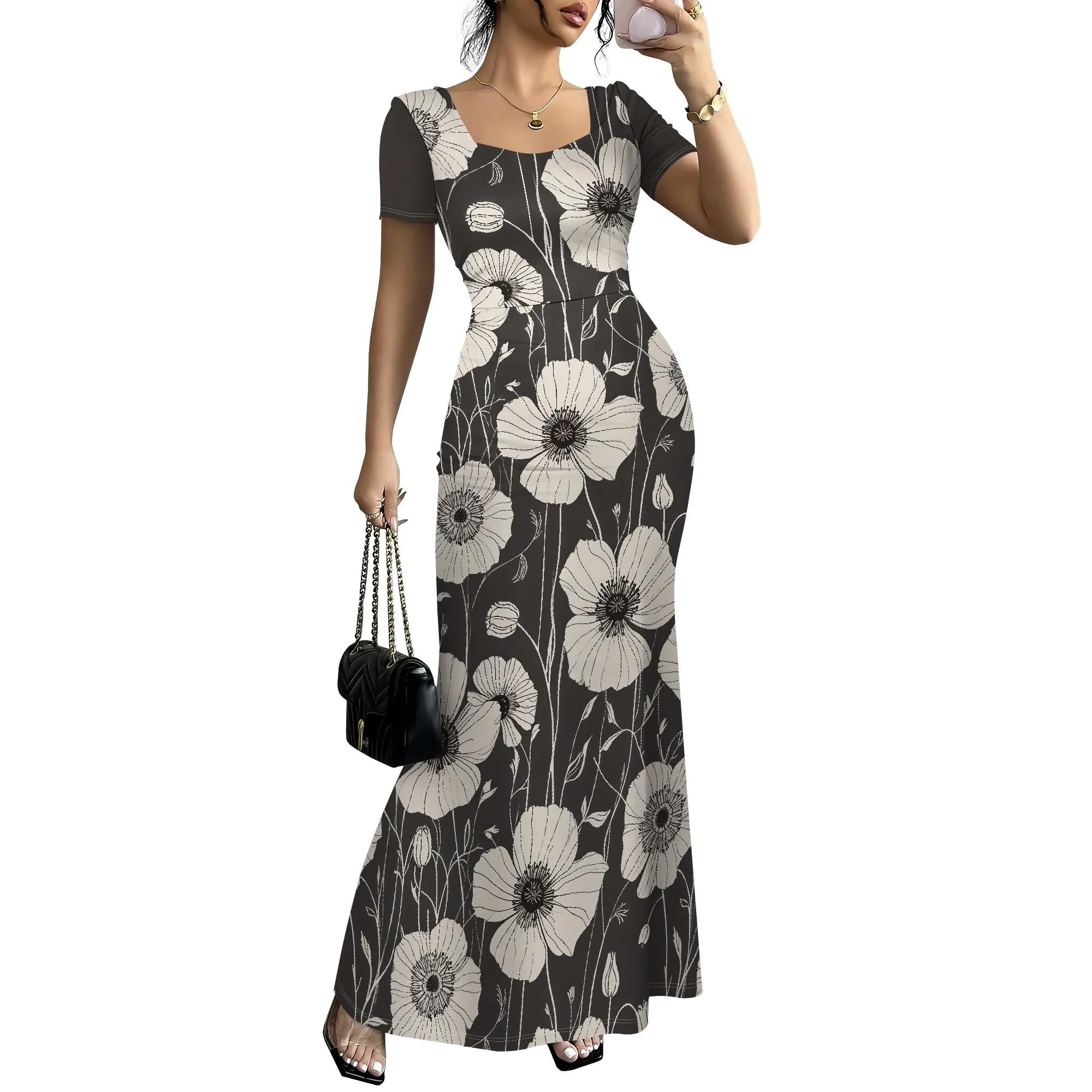 Robe longue moulante pour femmes - Été décontracté à manches courtes Midi Club Party Robes moulantes