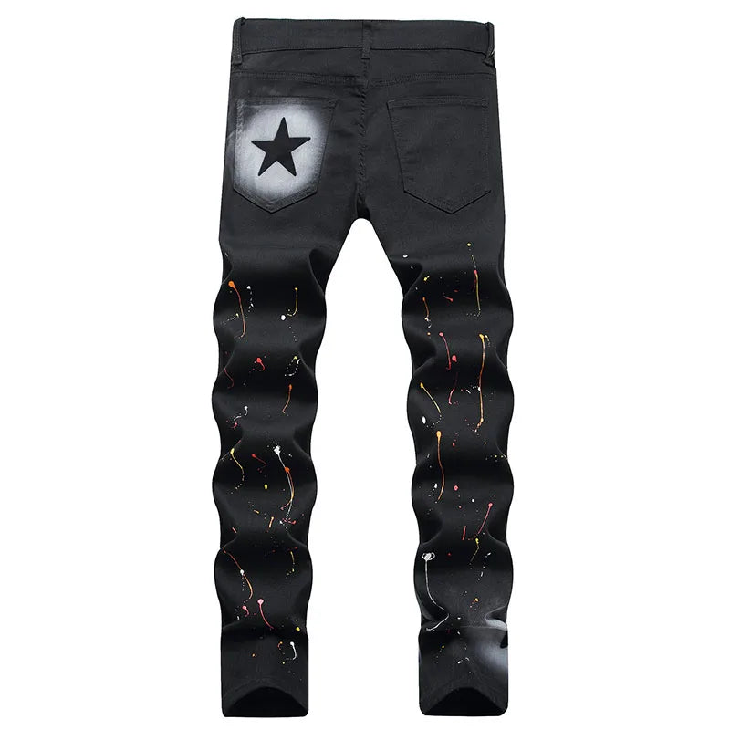 Nouveau Jeans noirs de mode pour hommes Peinture en aérosol Skinny Straight Jeans de haute qualité