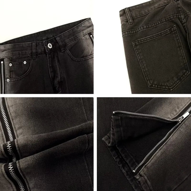 Hommes Jeans Pantalon Split Zipper Droit Vintage Lavé Noir Hip Hop