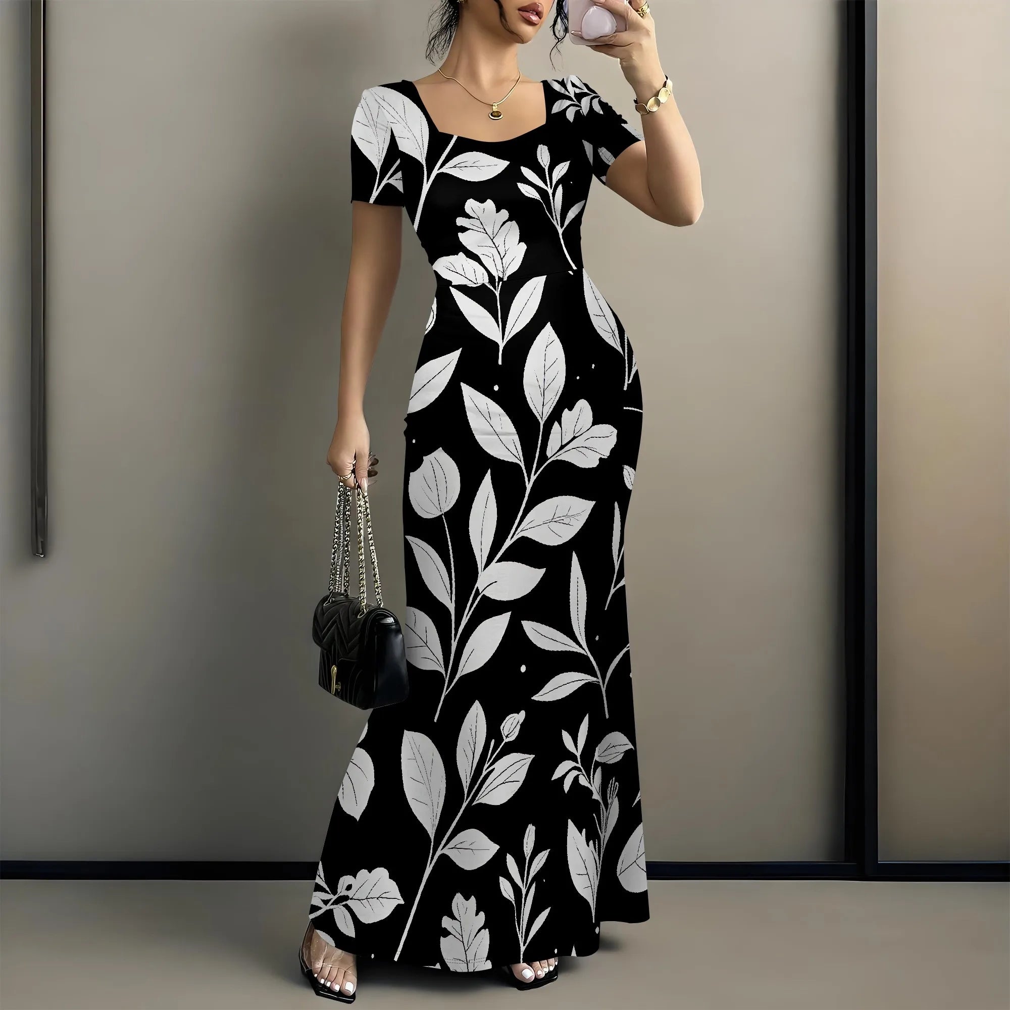 Robe longue moulante pour femmes - Été décontracté à manches courtes Midi Club Party Robes moulantes