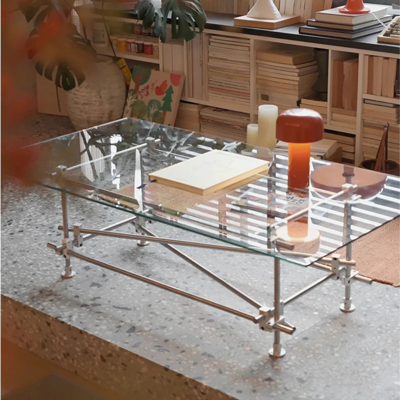 Table basse transparente, organisateur unique, table basse de qualité industrielle, décoration minimaliste moderne, meubles