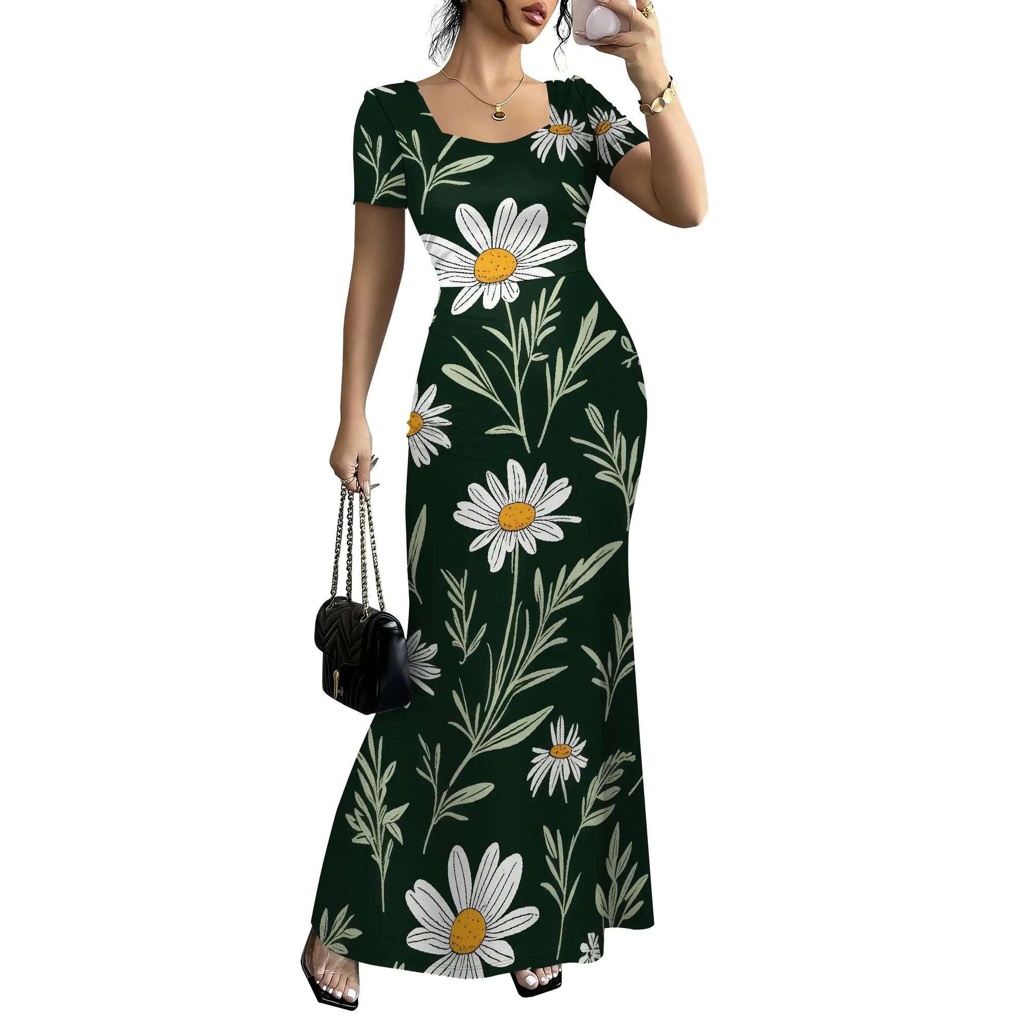 Robe longue moulante pour femmes - Été décontracté à manches courtes Midi Club Party Robes moulantes