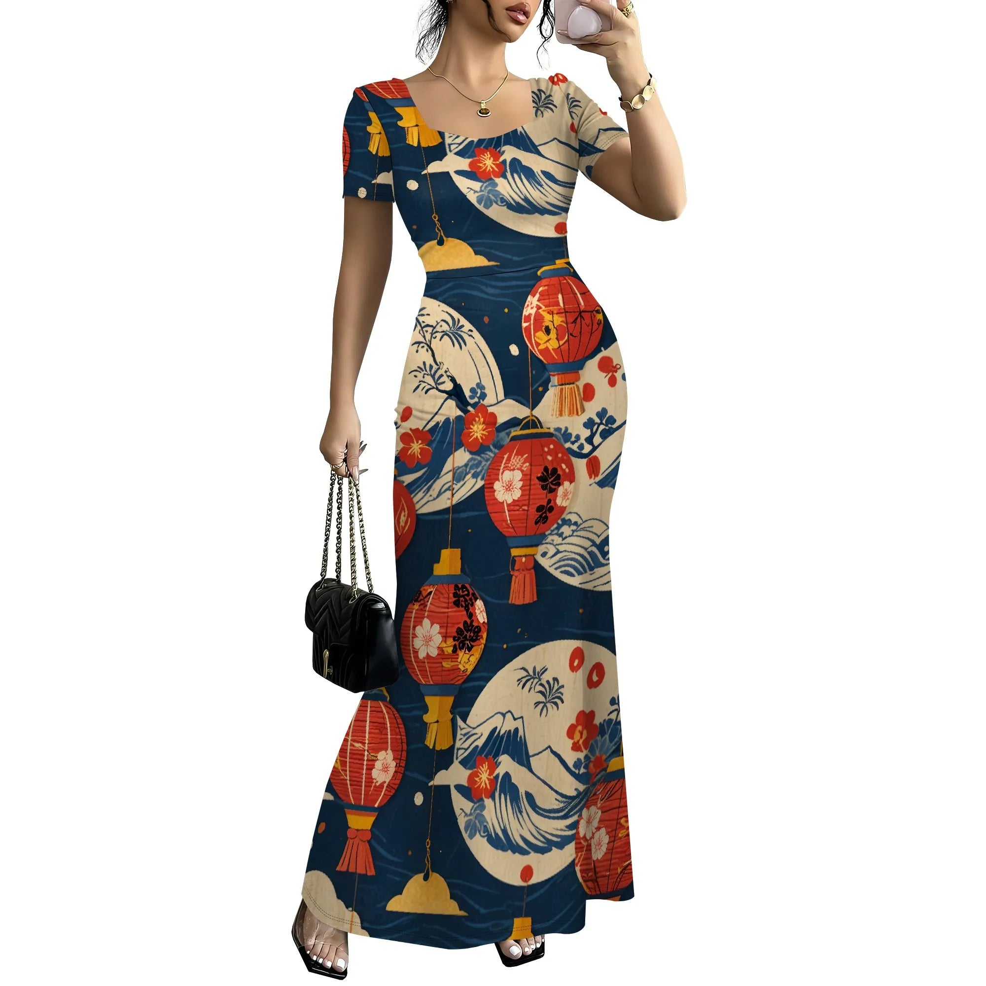 Robe longue moulante pour femmes - Été décontracté à manches courtes Midi Club Party Robes moulantes