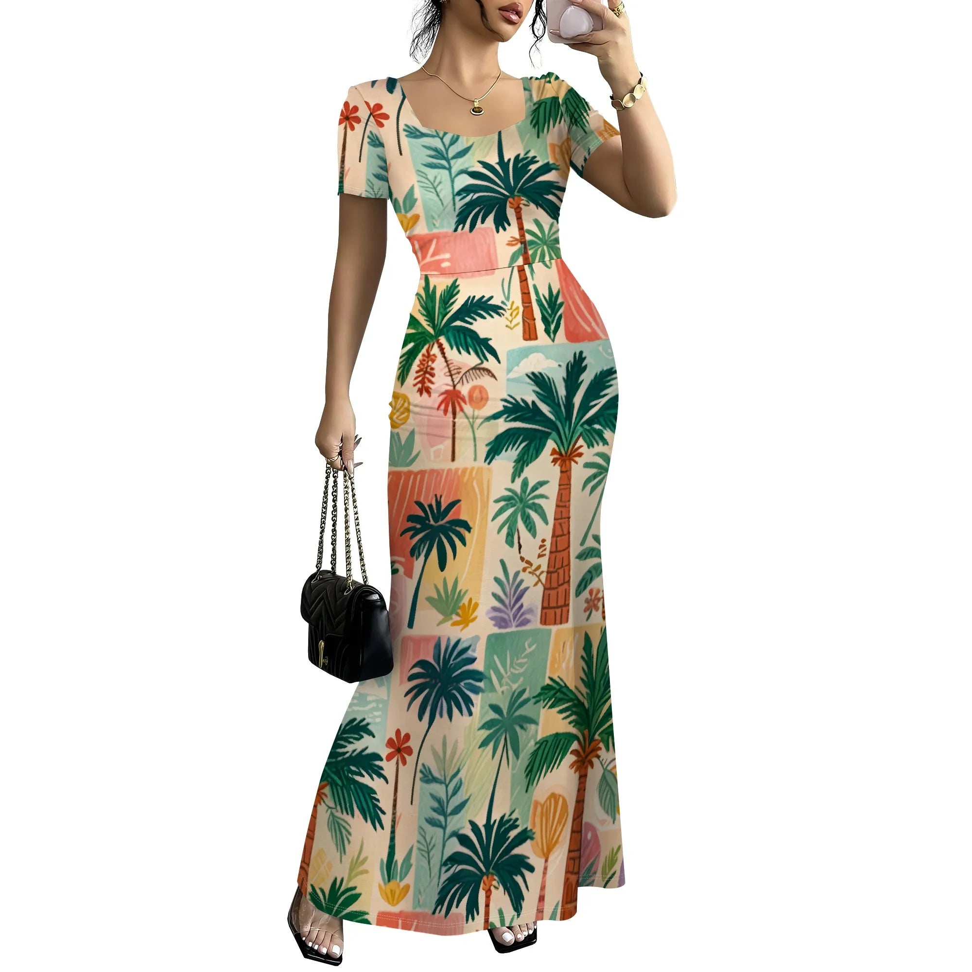 Robe longue moulante pour femmes - Été décontracté à manches courtes Midi Club Party Robes moulantes