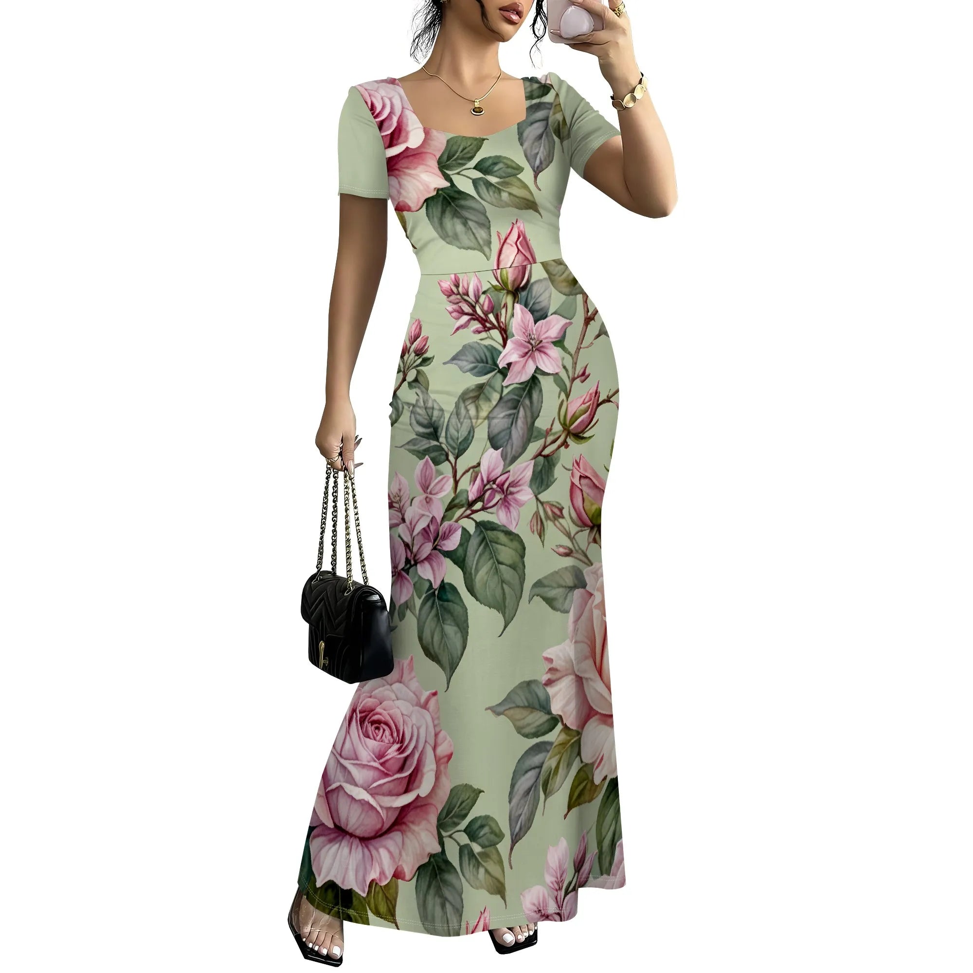 Robe longue moulante pour femmes - Été décontracté à manches courtes Midi Club Party Robes moulantes