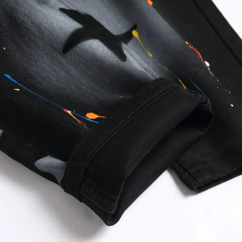 Nouveau Jeans noirs de mode pour hommes Peinture en aérosol Skinny Straight Jeans de haute qualité
