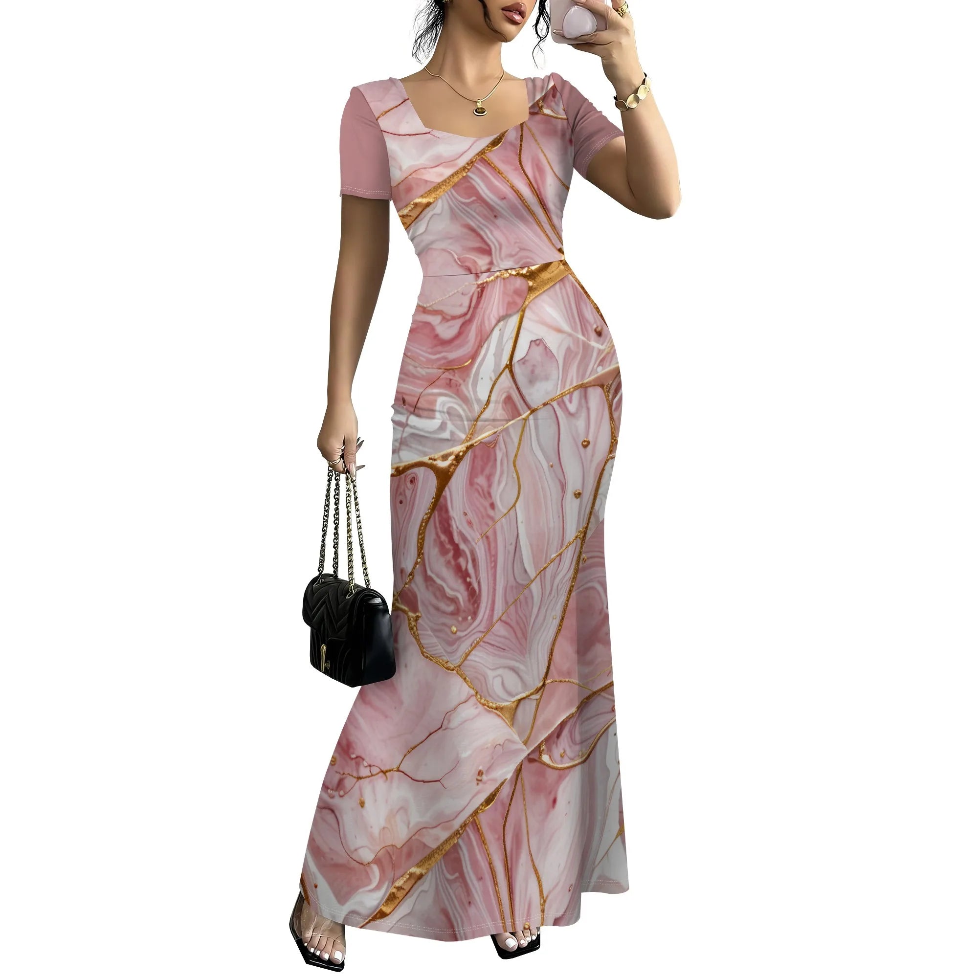 Robe longue moulante pour femmes - Été décontracté à manches courtes Midi Club Party Robes moulantes